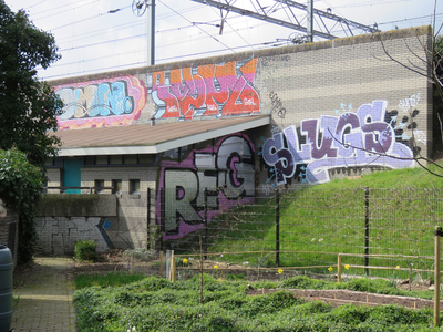 829753 Afbeelding van graffiti met verschillende gestileerde teksten op een muur bij het spoorwegviaduct over de ...